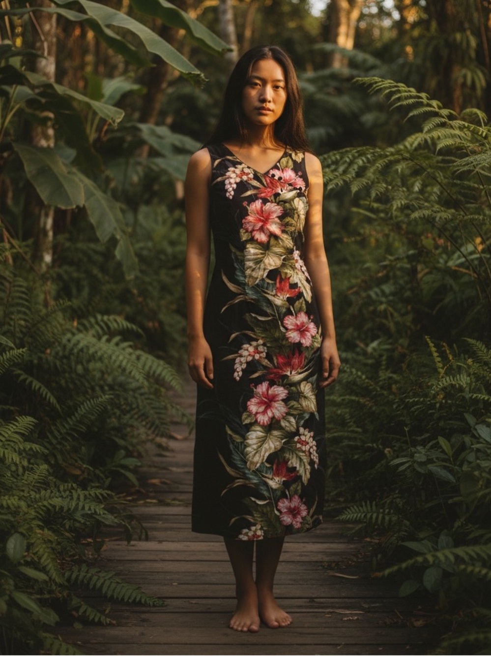 Vintage Hawaiian Botanical Hibiscus Tropical Maxi Dress - Flowers Large